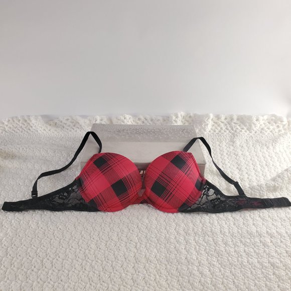 La Senza REMIX Push Up Plunge Bra: Light Red & Black Plaid with Black Lace - Picture 2 of 7